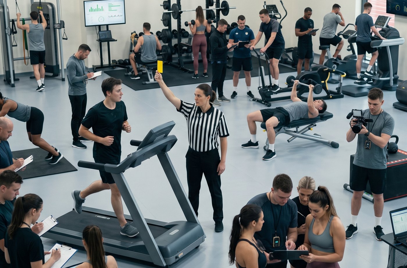 A training facility full of athletes lifting, running and being measured, while a referee stands in the middle of it holding up a card.
